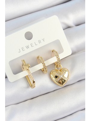 Buğz Pirinç Zirkon Taşlı Kalp Model Gold Renk 3'lü Çift Kadın Küpe Set