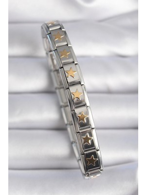 Buğz 316L Çelik Gümüş Renk Gold Yıldız Işleme Nomination Charm Bileklik