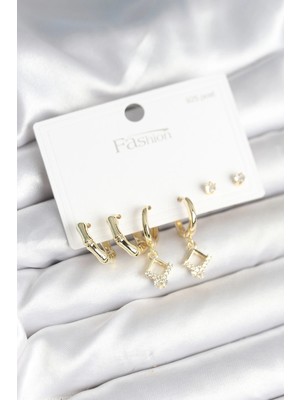 Buğz Pirinç Gold Renk 925 Ayar Gümüş Çivili Kadın Küpe Seti