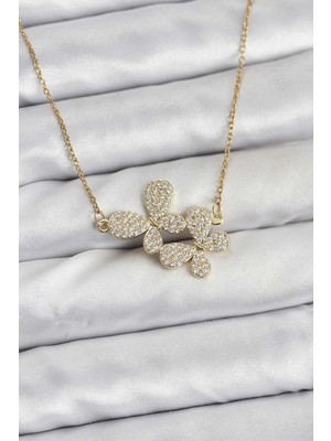 Buğz 316L Çelik Zincir Gold Renk Zirkon Taşlı Kelebek Model Kadın Kolye