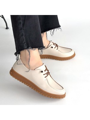 SEPET365 Guot Bej Cilt Bağcıklı Babet Ayakkabı