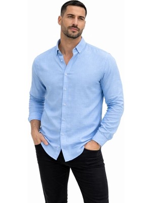 Pileli Store Erkek Keten Kumaş Oversize Uzun Kollu Rahat Kalıp Gömlek - Açık Mavi