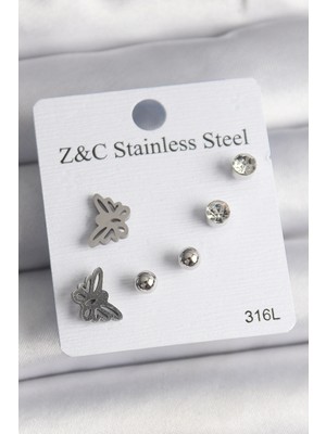 Buğz 316L Çelik Gümüş Renk Zirkon Taşlı Kelebek Model Kadın Küpe Seti