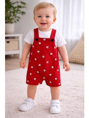 Aydede Kids Kırmızı Uğur Böceği Desenli Bebek Salopet Takım %100 Pamuk Yazlık Şortlu Tulum