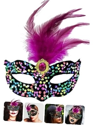 Buğz Siyah Kadife Rengarenk Payetli Pembe Parti Maskesi