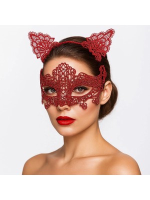 Buğz Romantik Kırmızı Dantel Maske Seti – Kedi Kulaklı Taç ve Maske No 3