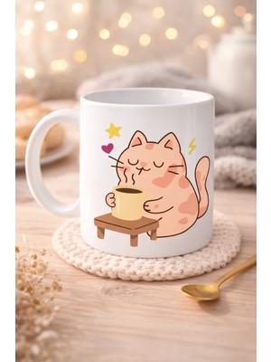 Senka Sevimli Kedi Tasarımlı Porselen Kupa Model 196 – Kahve Içen Kedi Baskılı Porselen Kahve Kupası – Ke