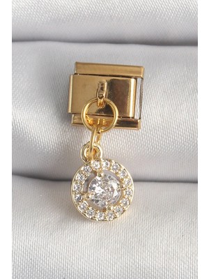 Buğz 316L Çelik Gold Renk Sallantı Daire Zirkon Taşlı Nomination Charm