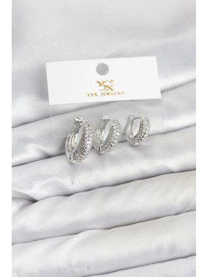 Buğz Pirinç Gümüş Renk Zirkon Taşlı Halka Model Ysx Trio Küpe Seti