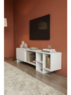 Bagax Beyaz Tv Ünitesi | Açık Raflı Tv Sehpası, 43*50*55 Inç Uyumlu Tv Sehpası - 140 cm