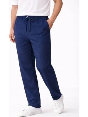 paris store Erkek Keten Cepli Pantolon Lastikli Bel Bağcıklı Önden Fermuarlı - Indigo