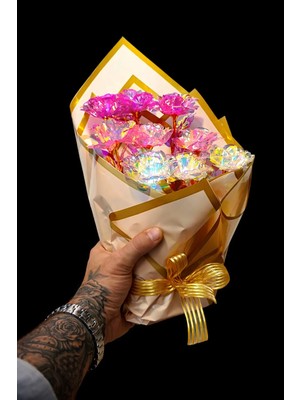 İnci Sepette Işıklı Çiçek Buketi Şık Hediye, LED Işıklı Dekoratif Gül Buketi