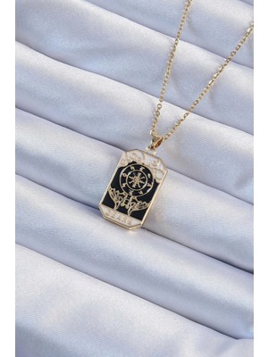 Buğz 316L Çelik Zincir Altın Renk Işlemeli Siyah Mineli Tarot Kolye