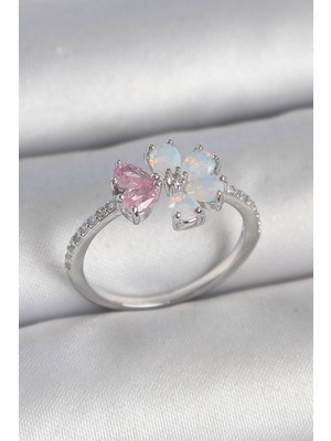 Buğz Pirinç Gümüş Renk Beyaz Mineli Pembe Zirkon Taşlı Çiçek Model Kadın Yüzük