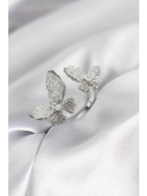 Buğz Gümüş Renk Beyaz Kelebek Model Zirkon Taşlı Kadın Yüzük