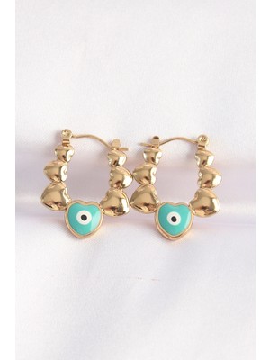 Buğz 316L Çelik Gold Renk Mavi Nazarlı Kalpli Model Küpe