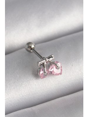 Buğz 316L Çelik Gümüş Renk Pembe Zirkon Taşlı Kalp Tragus Piercing