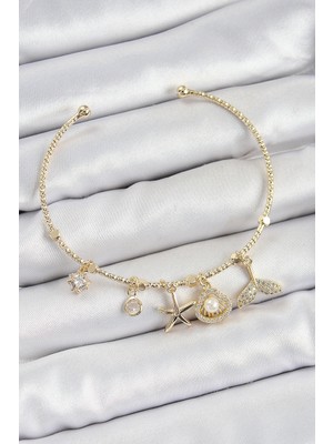 Buğz Pirinç Zirkon Taşlı Istiridye ve Deniz Yıldızı Model Gold Renk Charm Bileklik