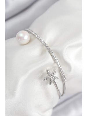 Buğz Pirinç Zirkon Taşlı Yıldız ve Inci Model Gümüş Renk Kadın Bileklik