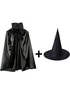 Buğz Siyah Yakalı Pelerin ve Siyah Cadı Şapkası Seti Çocuk Boy