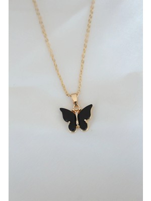 Buğz Gold Kaplama Siyah Renkli Sedefli Kelebek Kolye