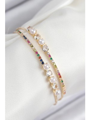 Buğz Pirinç Zirkon Taşlı Inci Model Gold Renk Kadın Bileklik