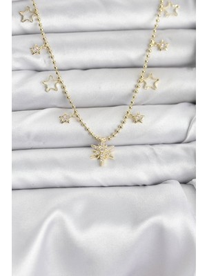 Buğz Pirinç Gold Renk Zirkon Taşlı Kutup Yıldızı Model Kadın Kolye