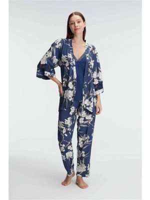 MiraLive Ip Askılı V Yaka Viskon Çiçek Desenli Yazlık Dantel Detaylı Pijama Sabahlık Takımı