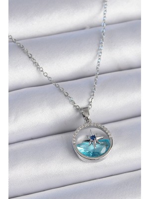 Buğz 316L Çelik Zincir Gümüş Renk Zirkon Taşlı Deniz Görünüm Kutup Yıldızı Kolye