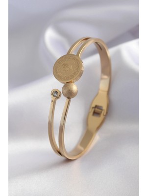 Buğz 316L Çelik Gold Renk Çeyrek Altın Zirkon Taş Detay Kadın Kelepçe