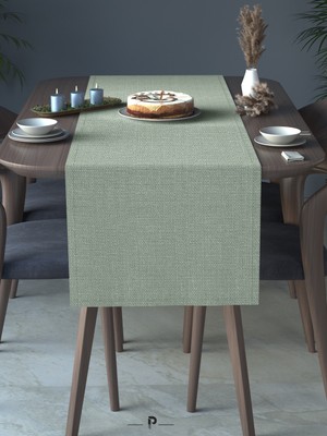 Perle Perle Home Keten Dokulu Runner Yeşil Renk Dekoratif Şık Runner Örtü