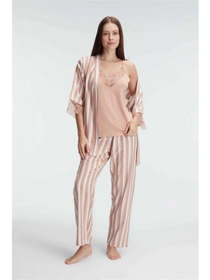 MiraLive Ip Askılı V Yaka Kadın Viskon Çizgili Desenli Yazlık Örme Pijama Sabahlık Takımı