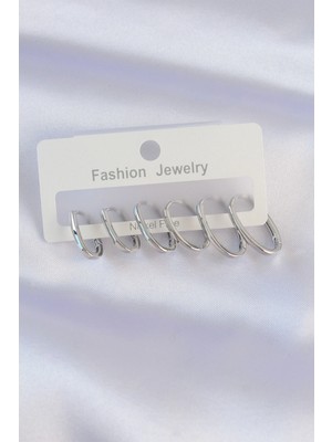 Buğz Pirinç Gümüş Renk Ince Oval Küpe Seti