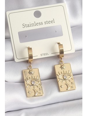 Buğz 316L Çelik Gold Renk Zirkon Taşlı Göz Işleme Detay Plaka Model Kadın Küpe