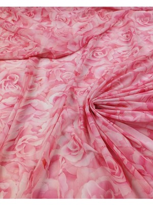 Kumaş Parça Pembe Gül Desenli File En: 145CM