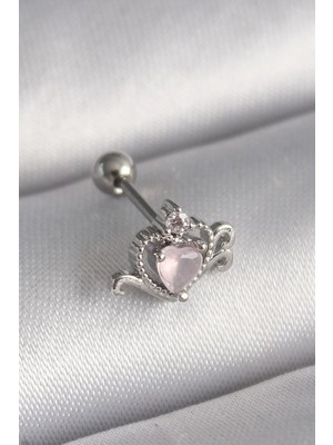 Buğz 316L Çelik Gümüş Renk Pembe Mineli Kalp Zirkon Taş Detay Tragus Piercing