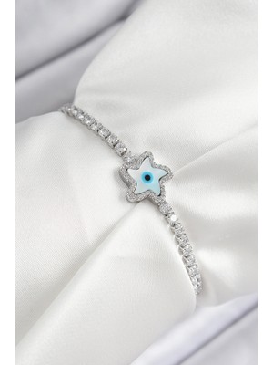 Buğz Pirinç Zirkon Taşlı Nazar Yıldız Model Gümüş Renk Asansörlü Kadın Bileklik