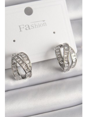 Buğz Pirinç Gümüş Renk Zirkon Taşlı Düğüm Halka Model Kadın Küpe