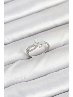 Buğz Pirinç Gümüş Renk Kelebek Zirkon Taşlı Kadın Yüzük