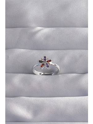 Buğz Pirinç Gümüş Renk Renkli Zirkon Taşlı Ayarlamalı Yüzük