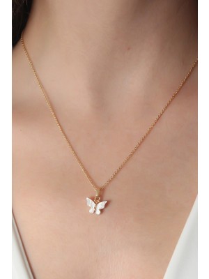 Buğz Gold Beyaz Renk Kelebek Figür Kadın Kolye