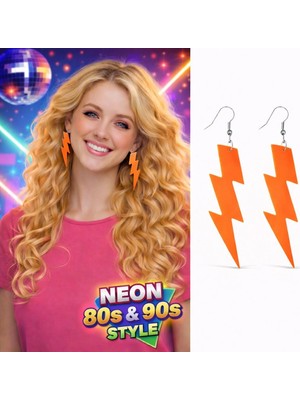 Buğz 80’ler 90'lar Retro Neon Turuncu Şimşek Küpe 10 cm
