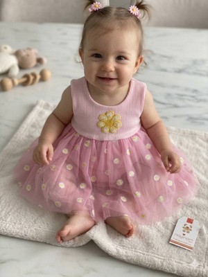 Aydede Kids Kız Bebek Papatya Nakışlı Tül Elbise Yazlık Şık Rahat Elbise
