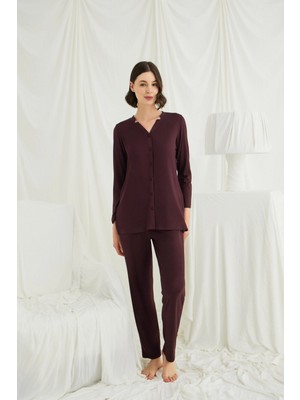 MiraLive Uzun Kollu Boydan Düğmeli V Yaka Pijama Takımı