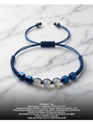 Begonia Accessories Kalsedon Doğal Taş Bilekik Unisex Ayarlanabilir Bilek Sakinleştirici Enerji Taşı Iletişim ve Denge