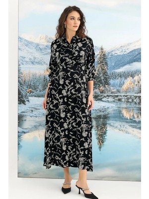 MiraLive %100 Viskon Desenli Truvakar Kollu Saten Elbise