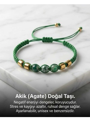 Begonia Accessories Akik Doğal Taş Bileklik Unisex Ipli Ayarlanabilir El Yapımı Şans ve Enerji Bilekliği