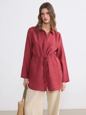 LC Waikiki Lcwaıkıkı Classic Bordo Dokulu Büzgülü Kadın Gömlek Tunik