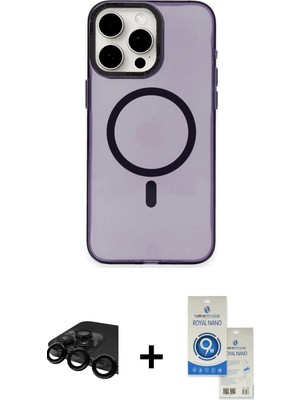 Cepte Toptan iPhone 15 Pro Eksen Işık Prime - Şeffaf Royal Nano Ekran Koruyucu + Siyah Raze Metal Kamera Lens