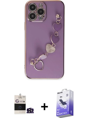 Cepte Toptan iPhone 14 Pro Max Nova Işık Prime - Siyah Bilvis 5in1 5d Magic Hayalet Cam Ekran Koruyucu + Derin Mor Bilvis Titan Kamera Lens